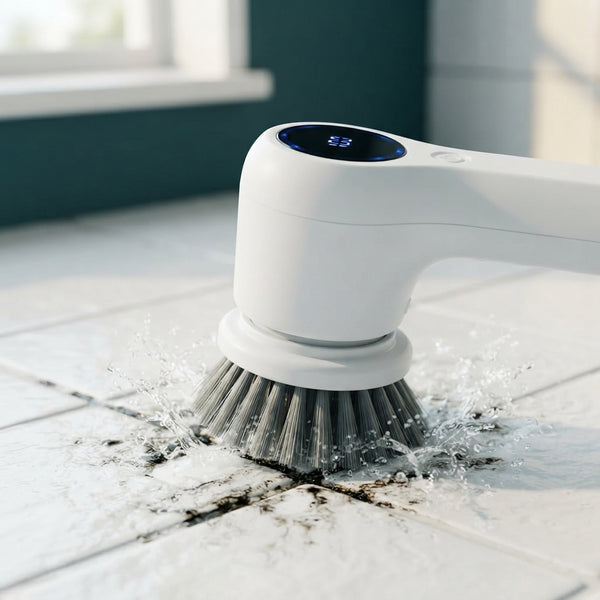 Close-up of a spin scrubber brush cleaning dark grime from bathroom grout lines on white tiles.
