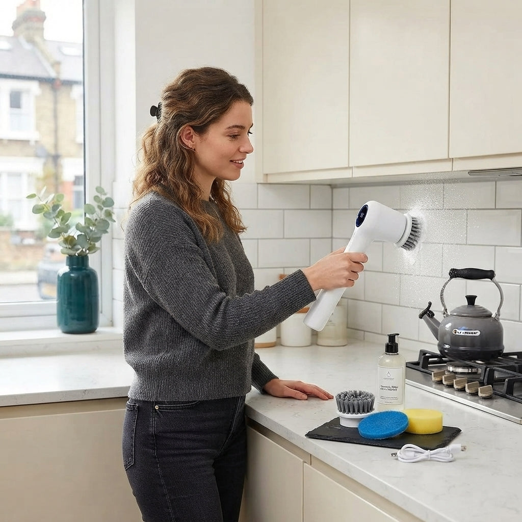 A person using a cordless electric spin scrubber to clean a tiled kitchen wall in a modern home.